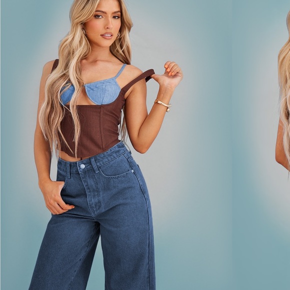PrettyLittleThing Tops - NWT BROWN LINEN COLOR BLOCK CUP DETAIL BONED CORSET TOP- sold out style